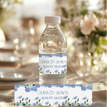 Load image into Gallery viewer, Blue Floral Wedding Water Bottle Label
