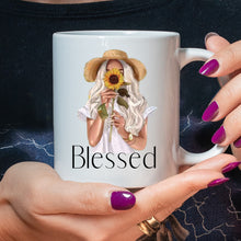 Load image into Gallery viewer, Woman Holding Sunflower With Words Blessed Mug, Gift Idea, Gift For Her