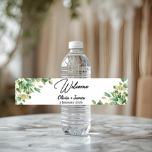 Load image into Gallery viewer, Green and Gold Floral Water Bottle Label
